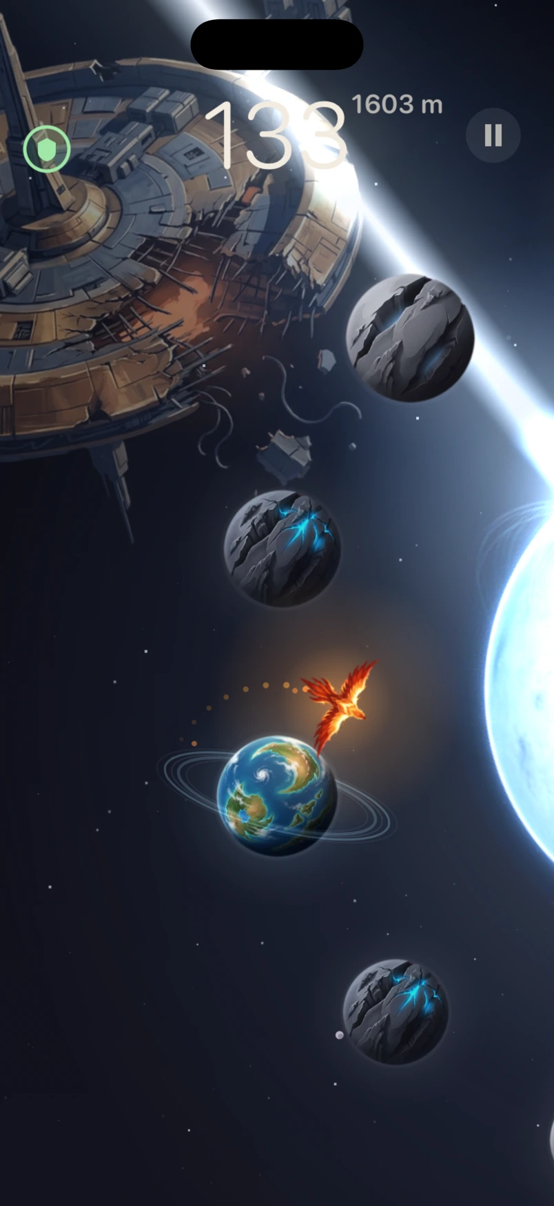 EMBER at 1,603 metres: the phoenix skin perched on a ringed world beneath a wrecked station, a pulsar beam sweeping past