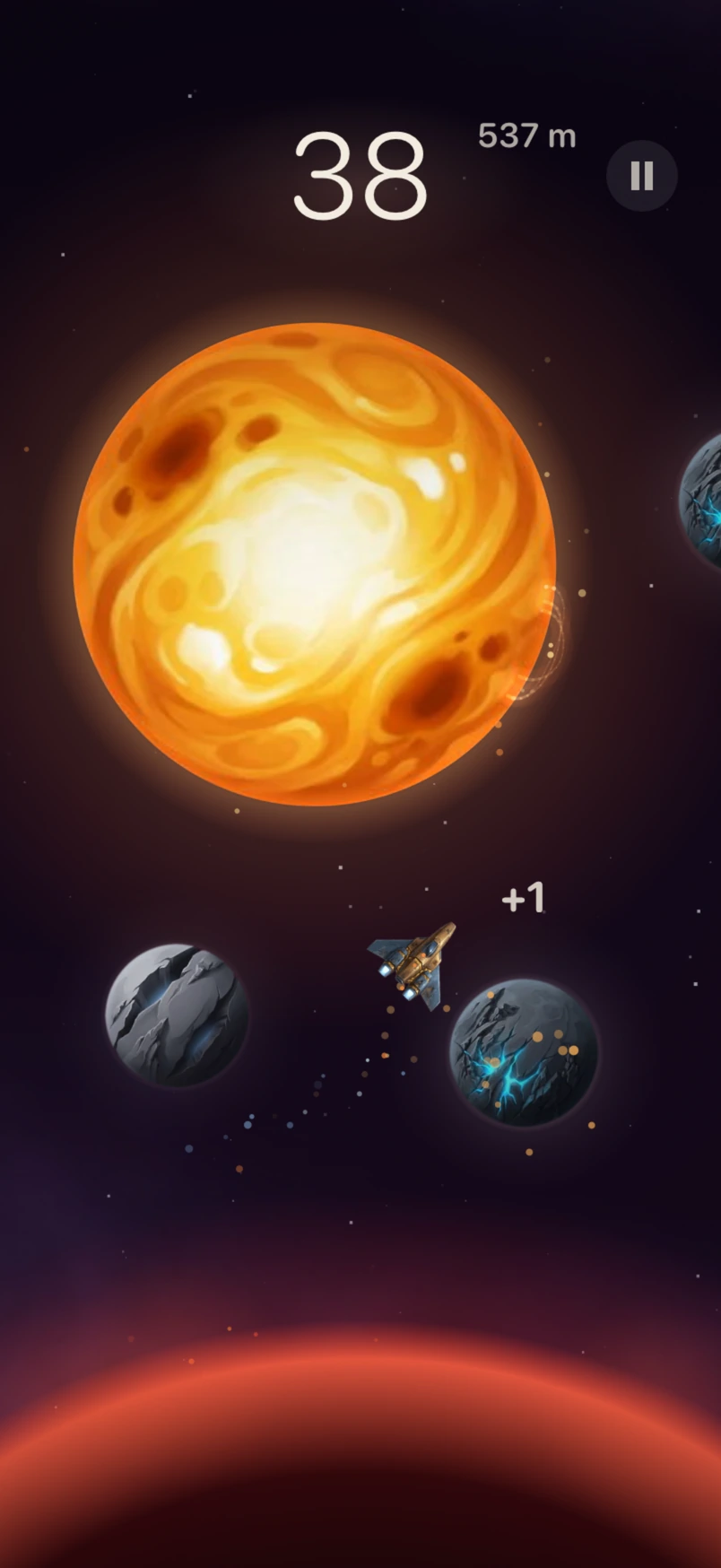 EMBER at 537 metres: the ship skin climbing the flank of a blazing sun